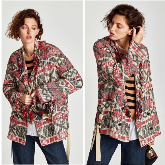 Zara Jackets & Blazers - Zara Southwestern Boho Fringe Sweater Coat XS